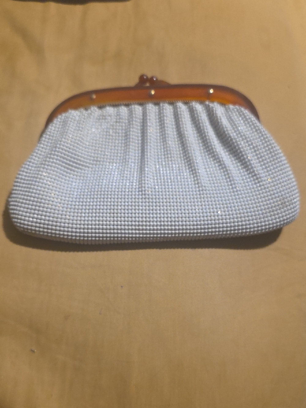 Antique Whiting & Davis Art Deco Cream Enamel Mesh Frame Clutch